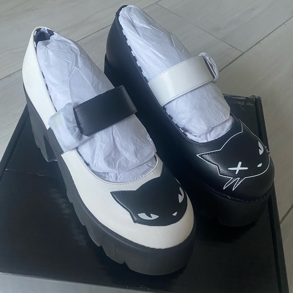 Dolls Kill x Emily The Strange | Cat You Later Platform Black / White Mary Janes - Picture 1 of 12